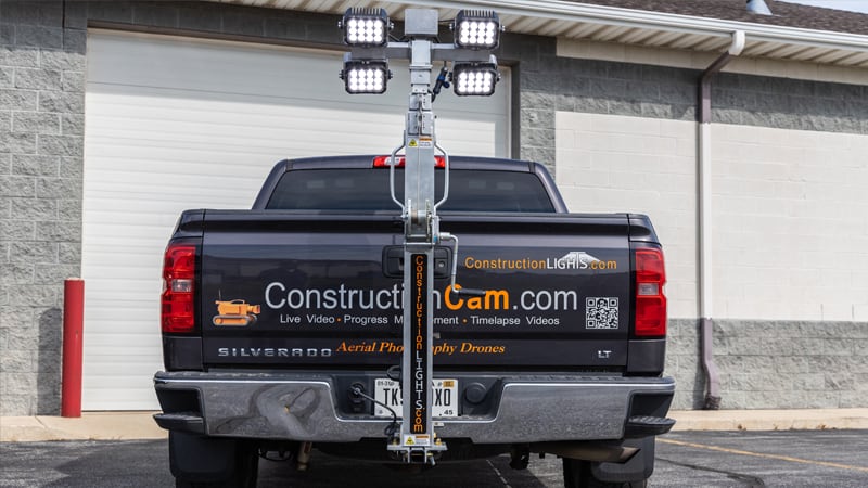 ConstructionCAM Mini Light Tower connects to any truck with a Reese hitch